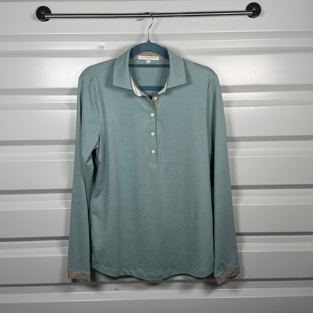 Fairway & Greene Womens Sage Green Paisley Trim Long Sleeve Golf Polo Shirt M
